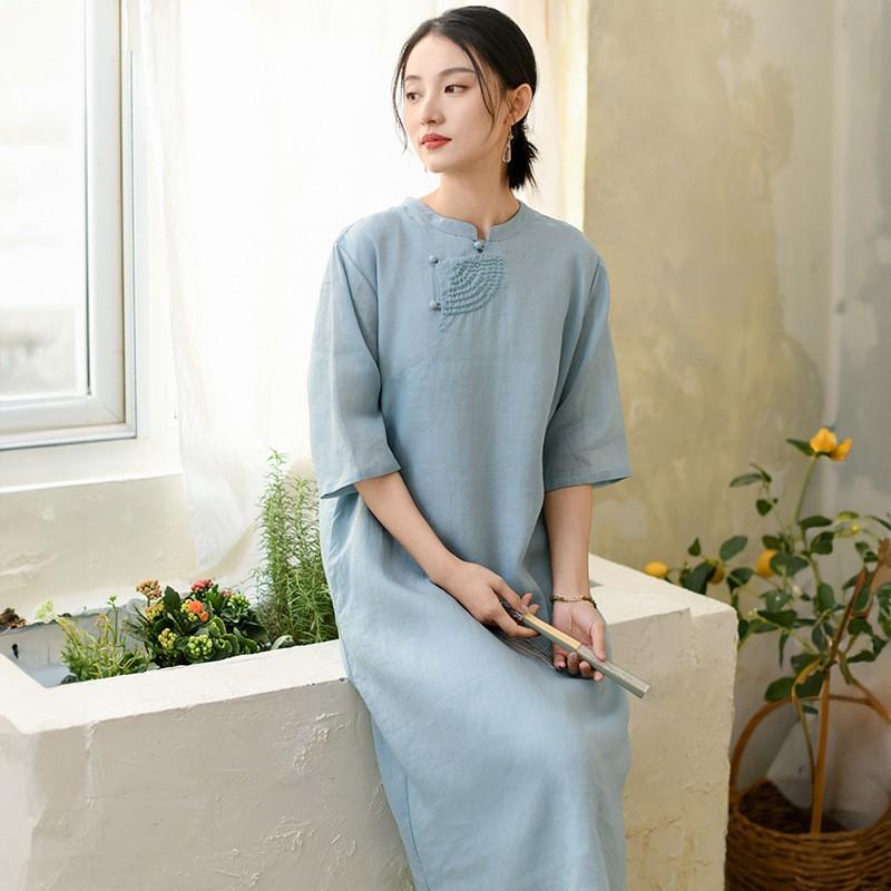 Johnature Women Embroidery Floral Vintage Dress Stand Half Sleeve Solid Color Summer Button Ramie A-Line Dress