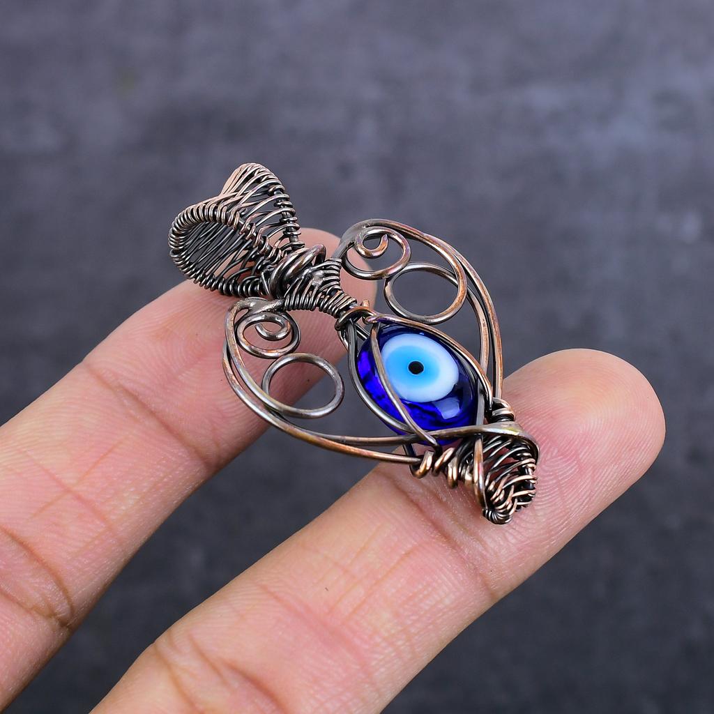 Blue Evil Eye Gemstone Handmade Copper Wire Wrap Jewelry Pendant 1.89" r8O10