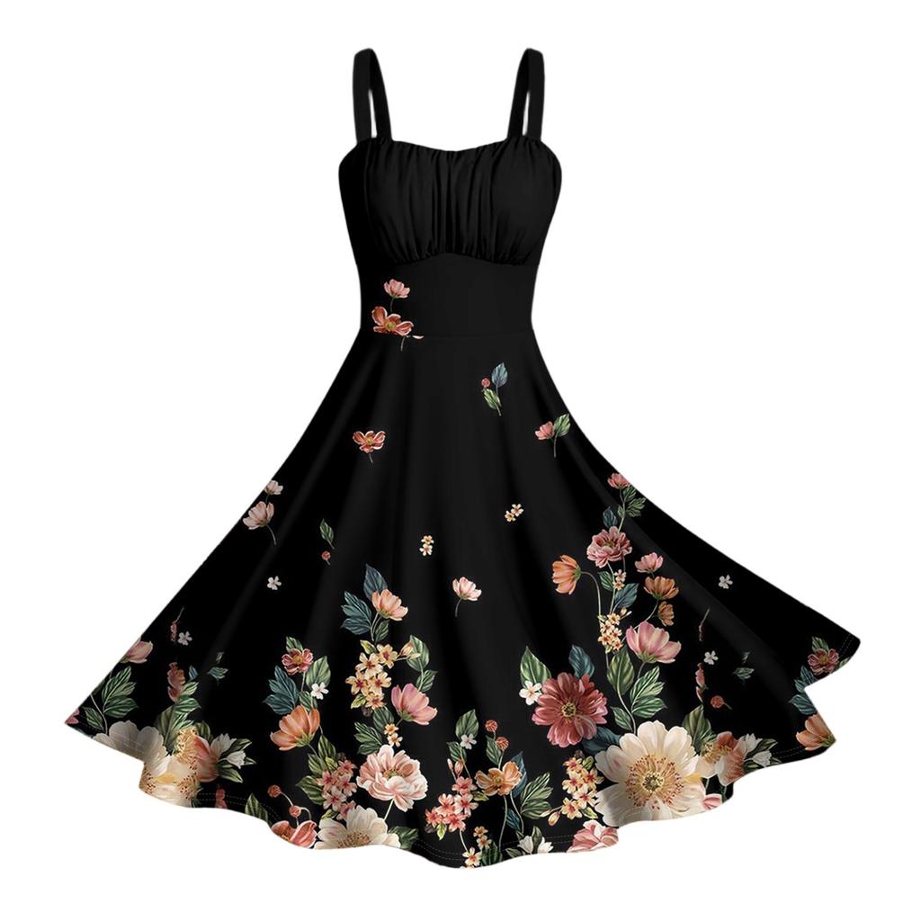 Damen Vintage Ärmellos Plissiert Patchwork Niedlich A-Linien Saum Blumendruck Kleider