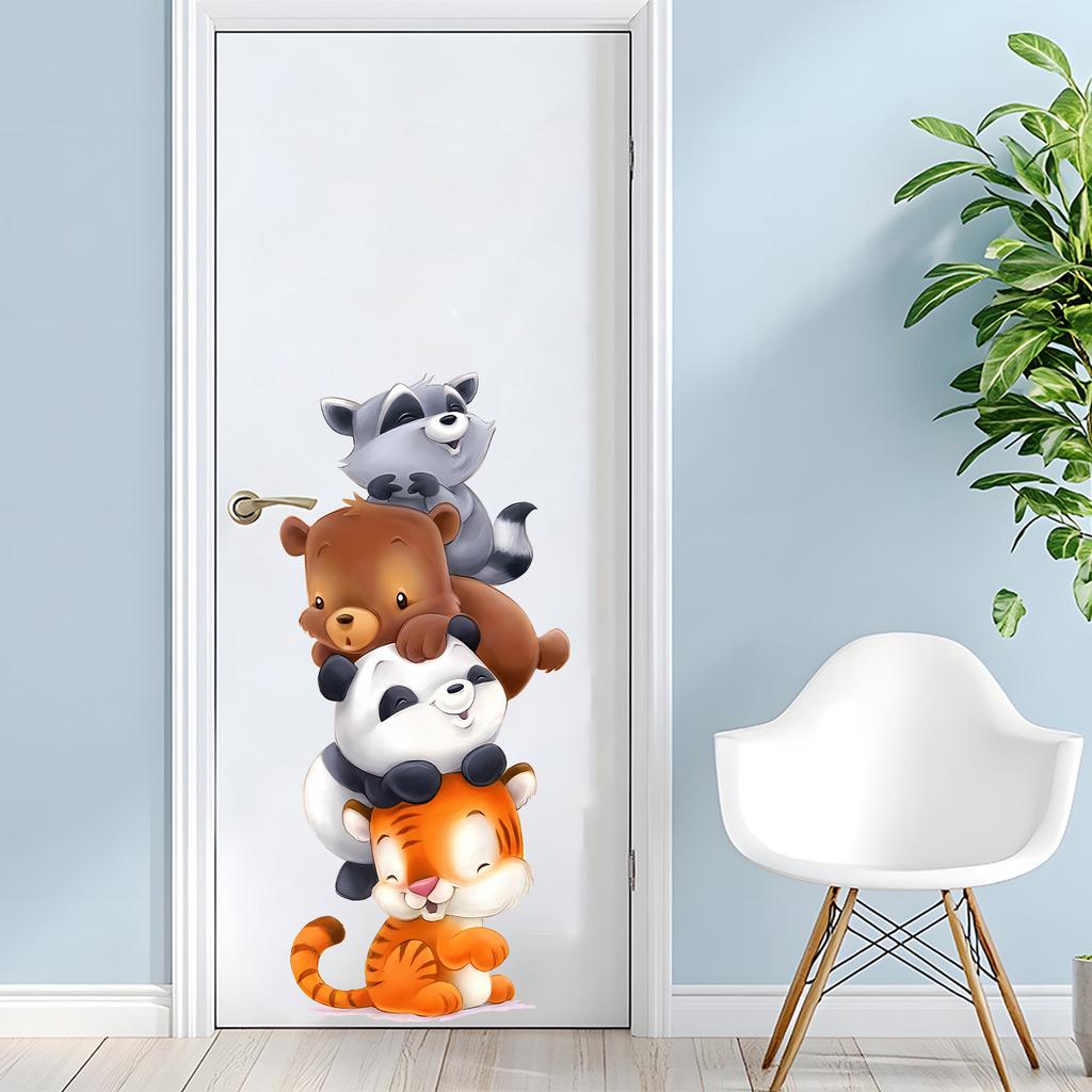 Cute Cartoon Stacked Animals Tower Wall Stickers, Self-Adhesive Decor for Kids Room Kindergarten Bedroom Entryway Decoration