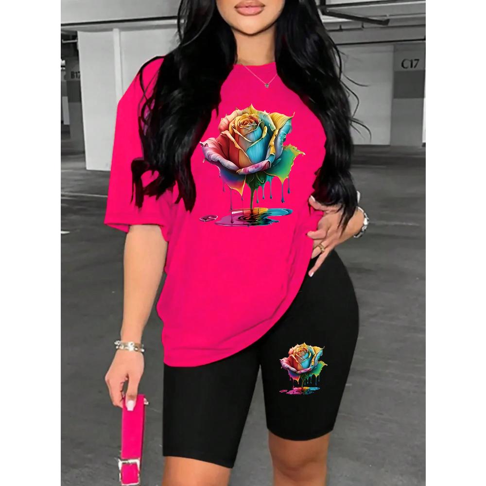 

2025Красочная и красивая футболка с коротким рукавом с принтом роз, универсальная модная женская одежда в классическом стиле M