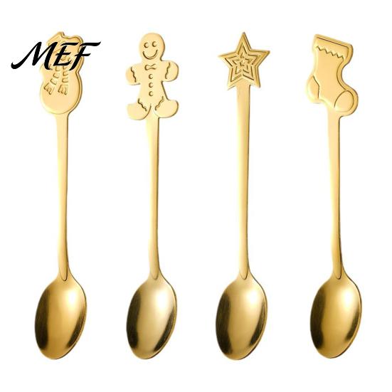 Long Handle Stirring Spoons 4Pcs Christmas Dessert Spoons, Stainless Steel Coffee with Gingerbread Exquisite Gift Boxed Man Star Stocking Snowman
