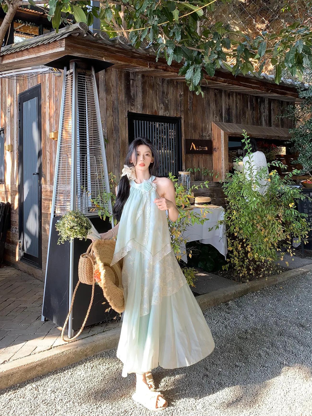 Женское летнее сладкое французское платье-принцесса без рукавов с завязками на шее и неровной длинной юбкой, подчеркивающей талию 2XL