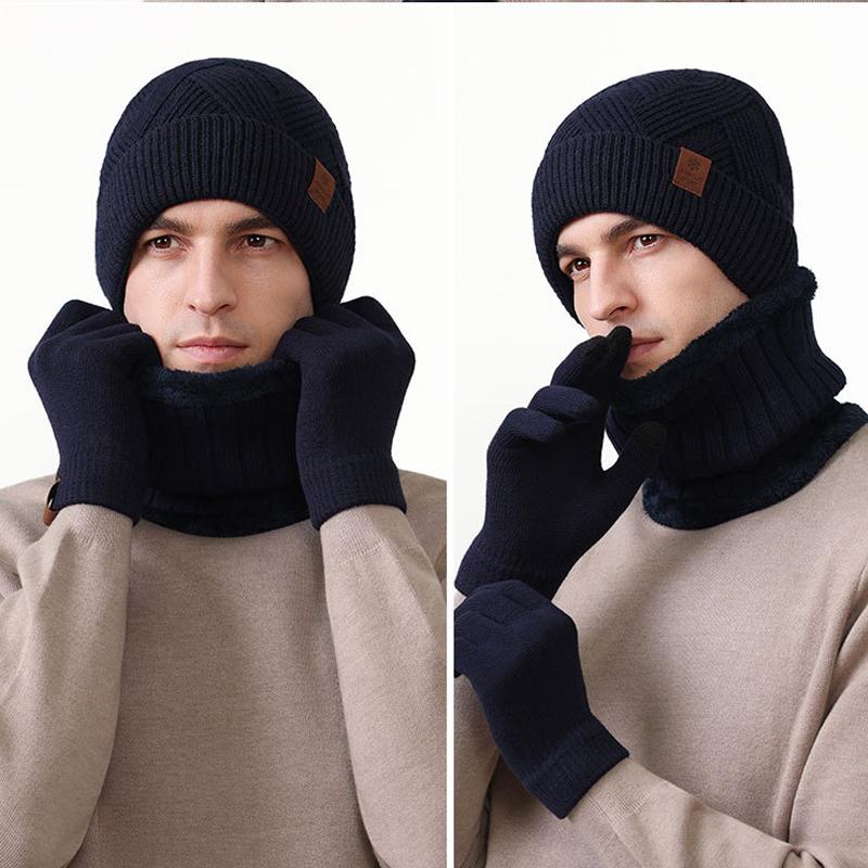 High Stretch Wool Hat Warm Kit Men's Winter Outdoor Warm Knitted Hat Scarf Gloves Three-Piece Set