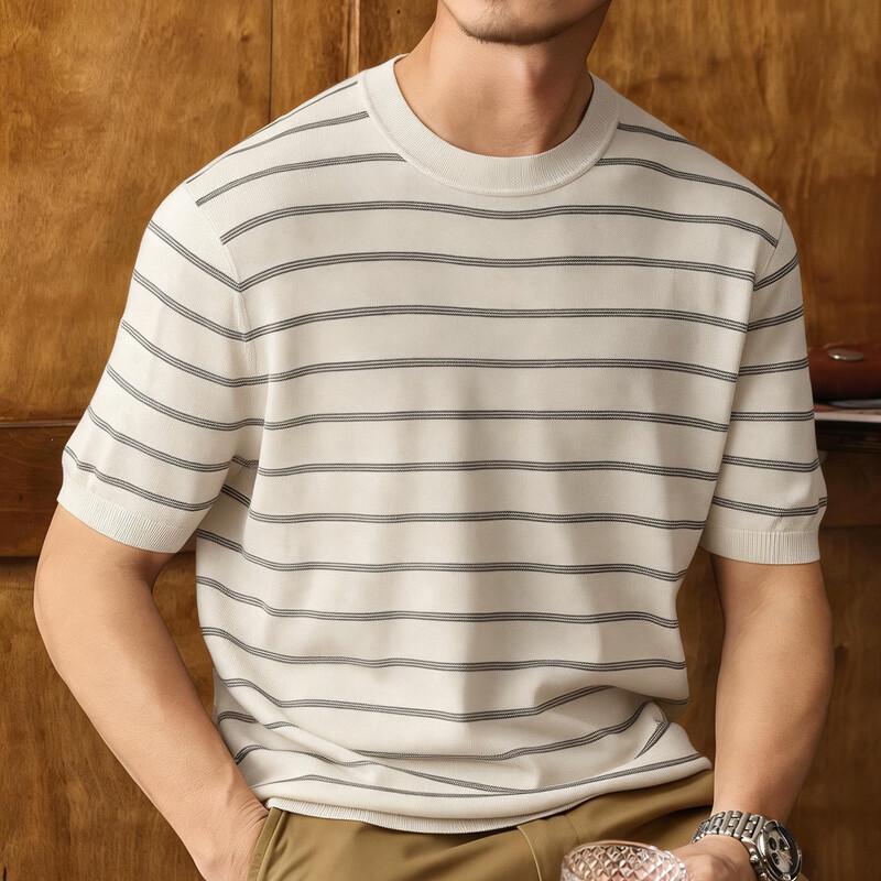 JIELEINUO Men's Lyocell Linen Blend Striped Knit T-Shirt