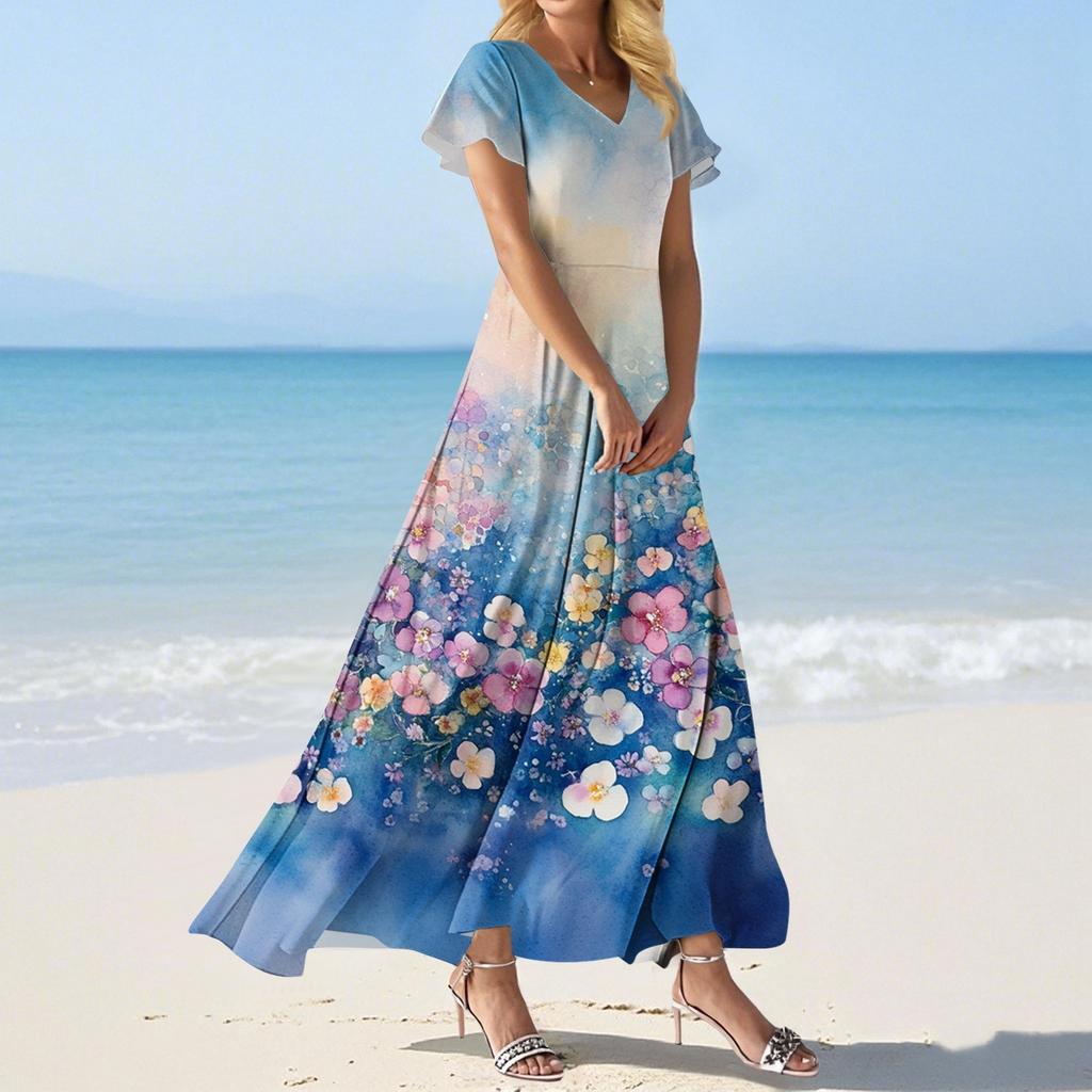 FashWomen's Loose Casual V-Neck Short Sleeved High Waisted Print Dress