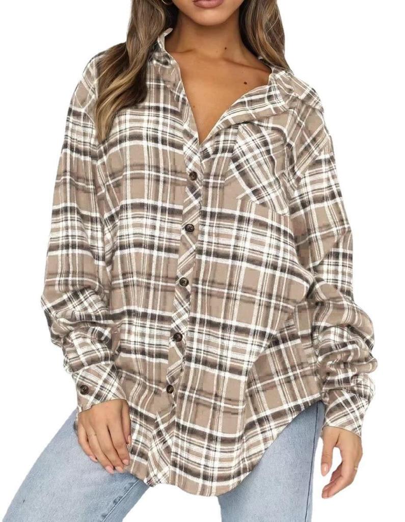 New Women's Top with Collar Long Sleeves Loose and Casual Checkered Shirt