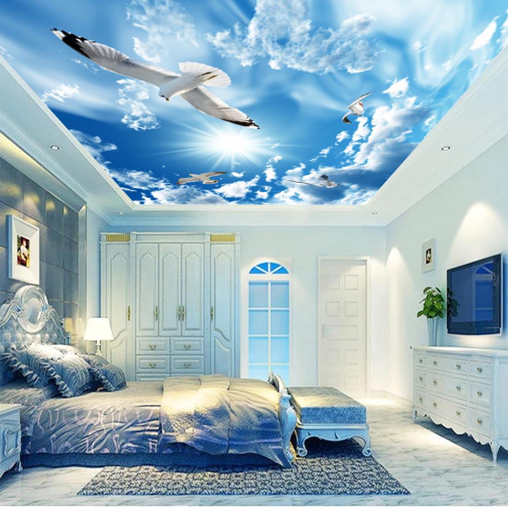 Blue Sky Wallpaper White Clouds Mural Sunshine Seagull Ceiling Wall Mural Living Room Bedroom Wallpaper