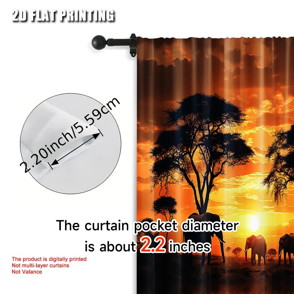 Set Of 2 Plane Printing Popular Curtain Panels African Sunset Elephant Polyester Without Rod Decorations Outdoor Use