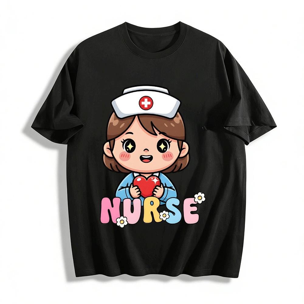 Cute Heart Nurse Print Casual T-Shirt Medical Theme Loose Top Pure cotton T-shirt XXS