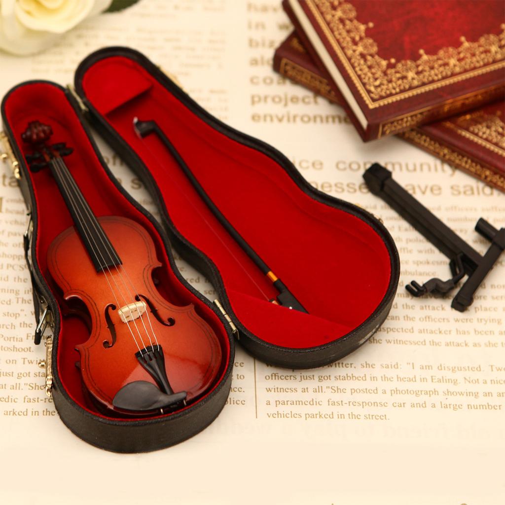 Playable Tiny Violin Figurine Multi-Purpose Miniature Musical Instrument Wooden Handmade Violin Model Home Decorative Ornaments