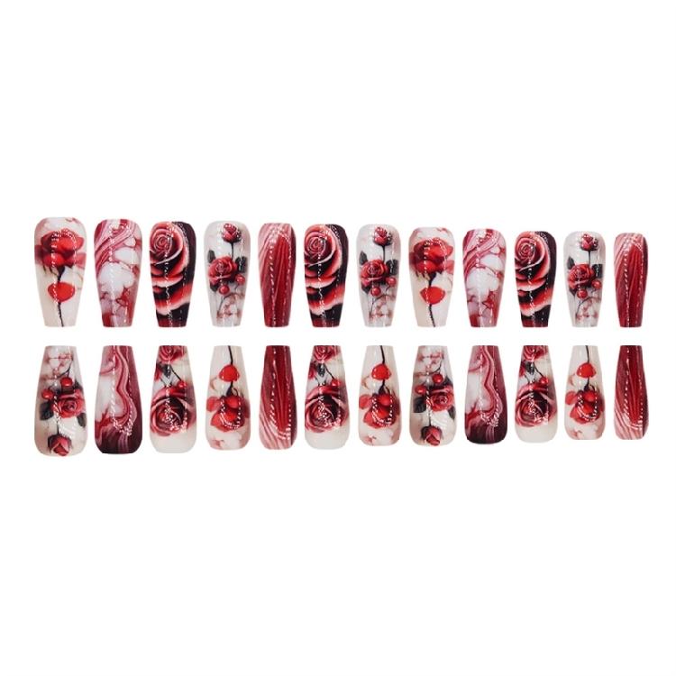 24 Pcs Flowers Press On Nail Medium Ballerinas Stick On Nail Glossy Artificial Nail Valentines Day False Nail