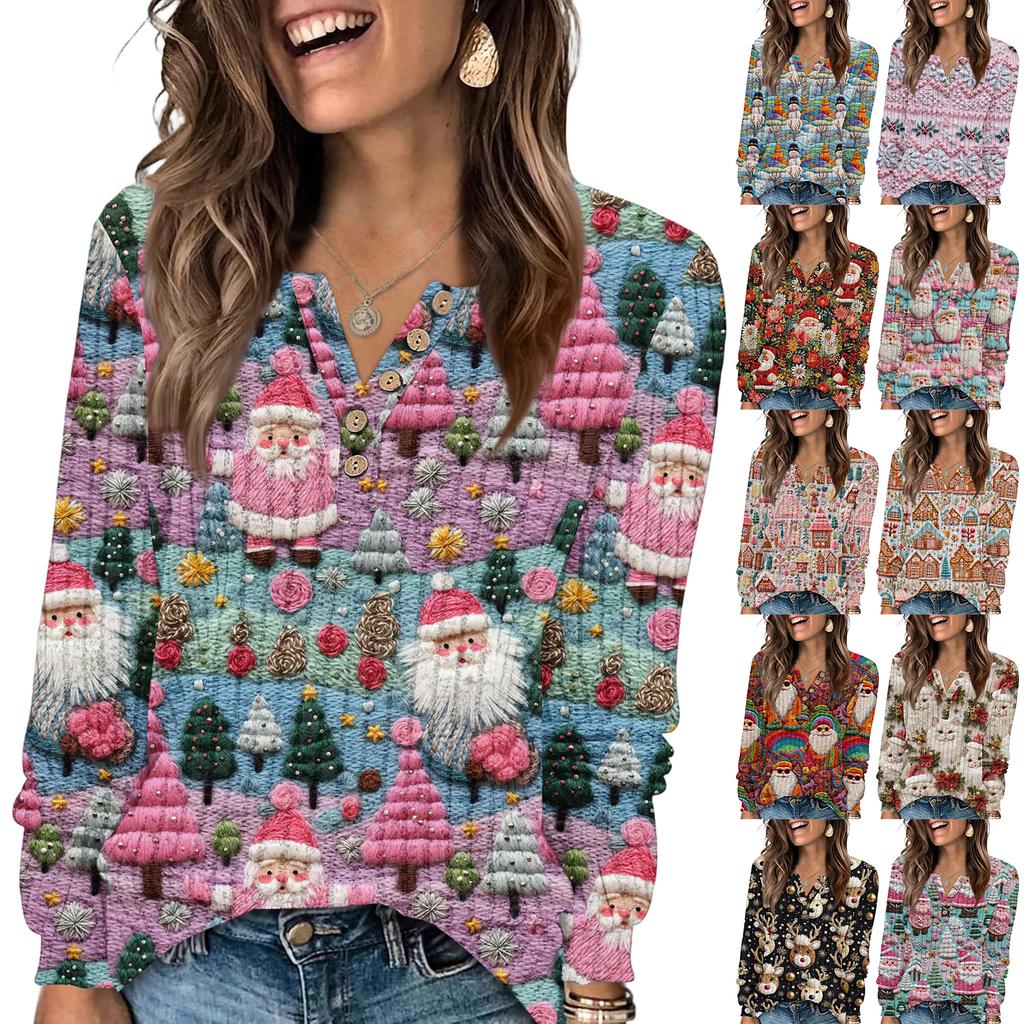 Women's Fashion V-Neck Button-Up T-Shirt With Christmas Print Long-Sleeved Top