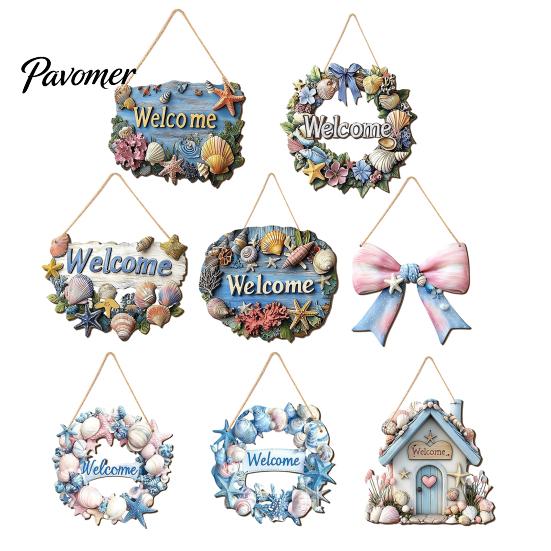 Patio Welcome Plaque Summer Coastal Wooden Wreath, Ocean Sign, Starfish Shell Nautical Hanging Sign Front Door Hanger for Porch, Indoor, Outdoor, Wall