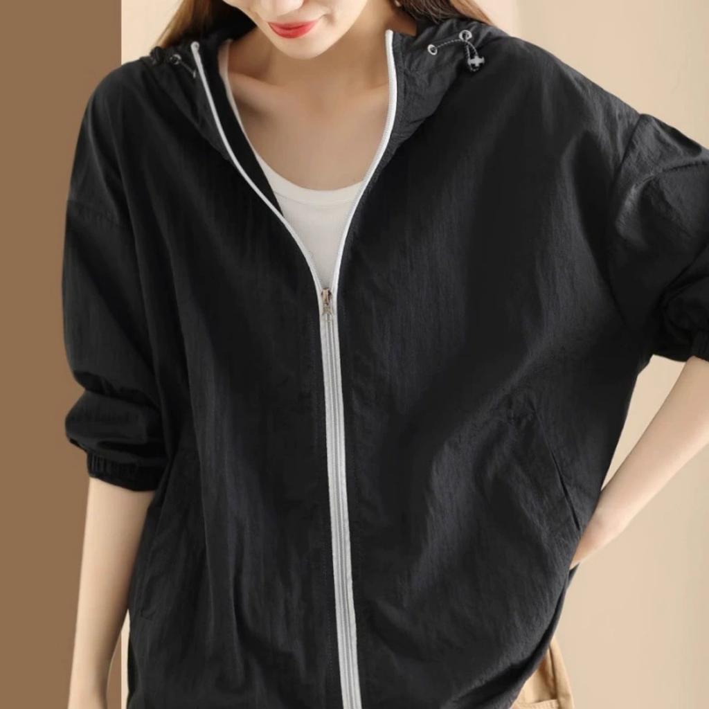Women's Fashion Hooded Breathable Sunscreen Jacket Fashion Zipper Drawstring Thin Cardigan Long-sleeved Top