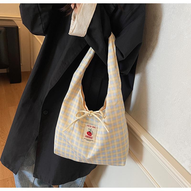 Plaid Shoulder Tote Bag With Cute Bow Decor Large Capacity For Daily Shopping School Commute
