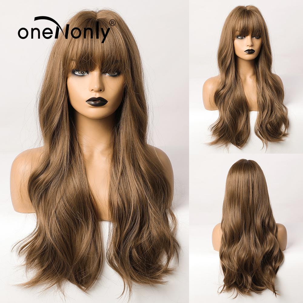 OneNonly Synthetische Perücken für Frauen, blonde Perücke mit Pony, langwellige Perücke, natürliches Haar, hitzebeständige Faser