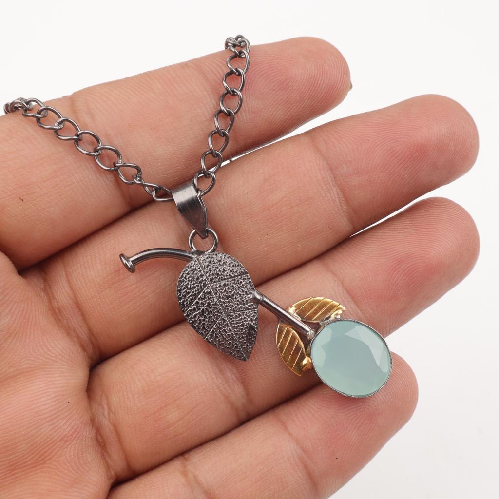 Aqua Chalcedony Pendant 925 Stamped Silver Gemstone Jewelry March Birthstone PP-55-19