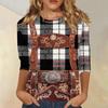 Women Casual Three Quarter Sleeve Oktoberfest Print Round Neck Top Faux Leather Suspenders Pattern Shirt Oktoberfest Style Blouse