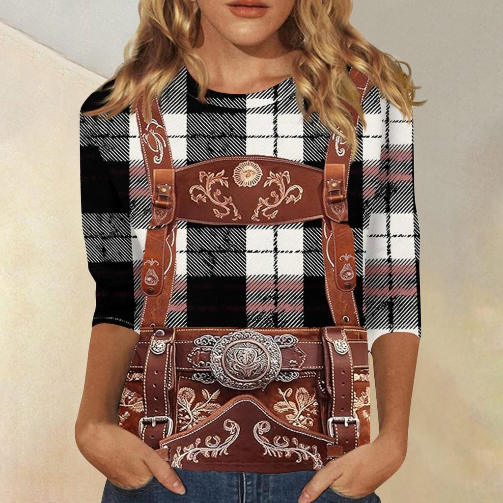 Women Casual Three Quarter Sleeve Oktoberfest Print Round Neck Top Faux Leather Suspenders Pattern Shirt Oktoberfest Style Blouse