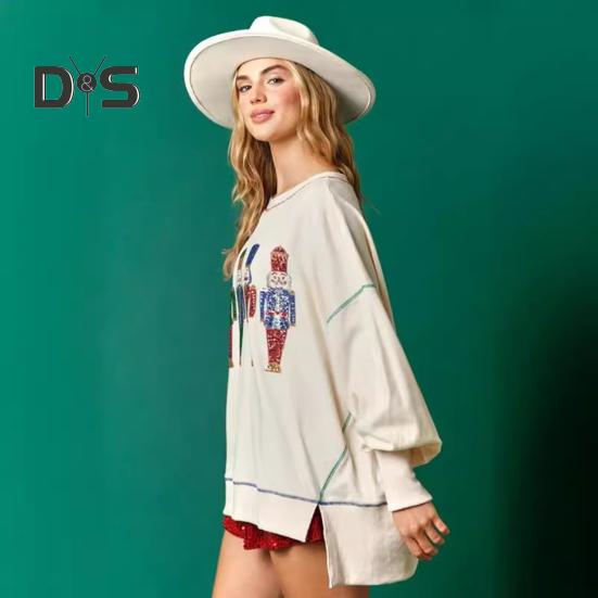 Women Sweatshirt Sequin Cartoon Pattern Slit Hem Round Neck Long Sleeves Christmas Style New Year Party Performance Top