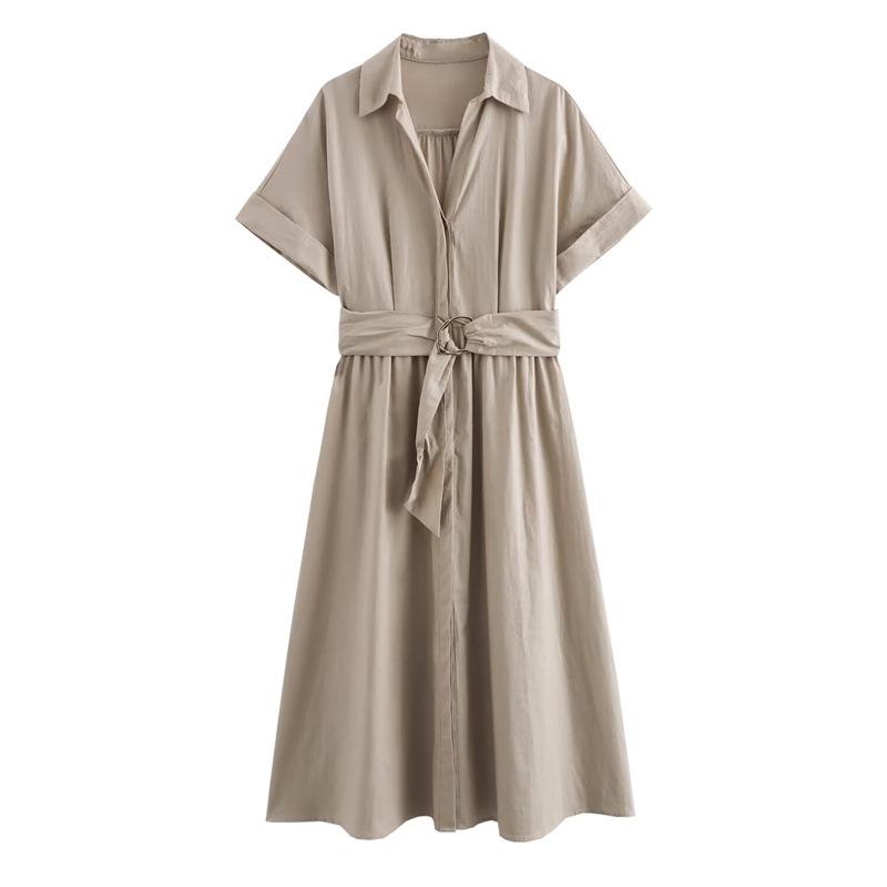 

European and American Women s 2025 Summer Linen Blend Midi Shirt Dress Medium хакі