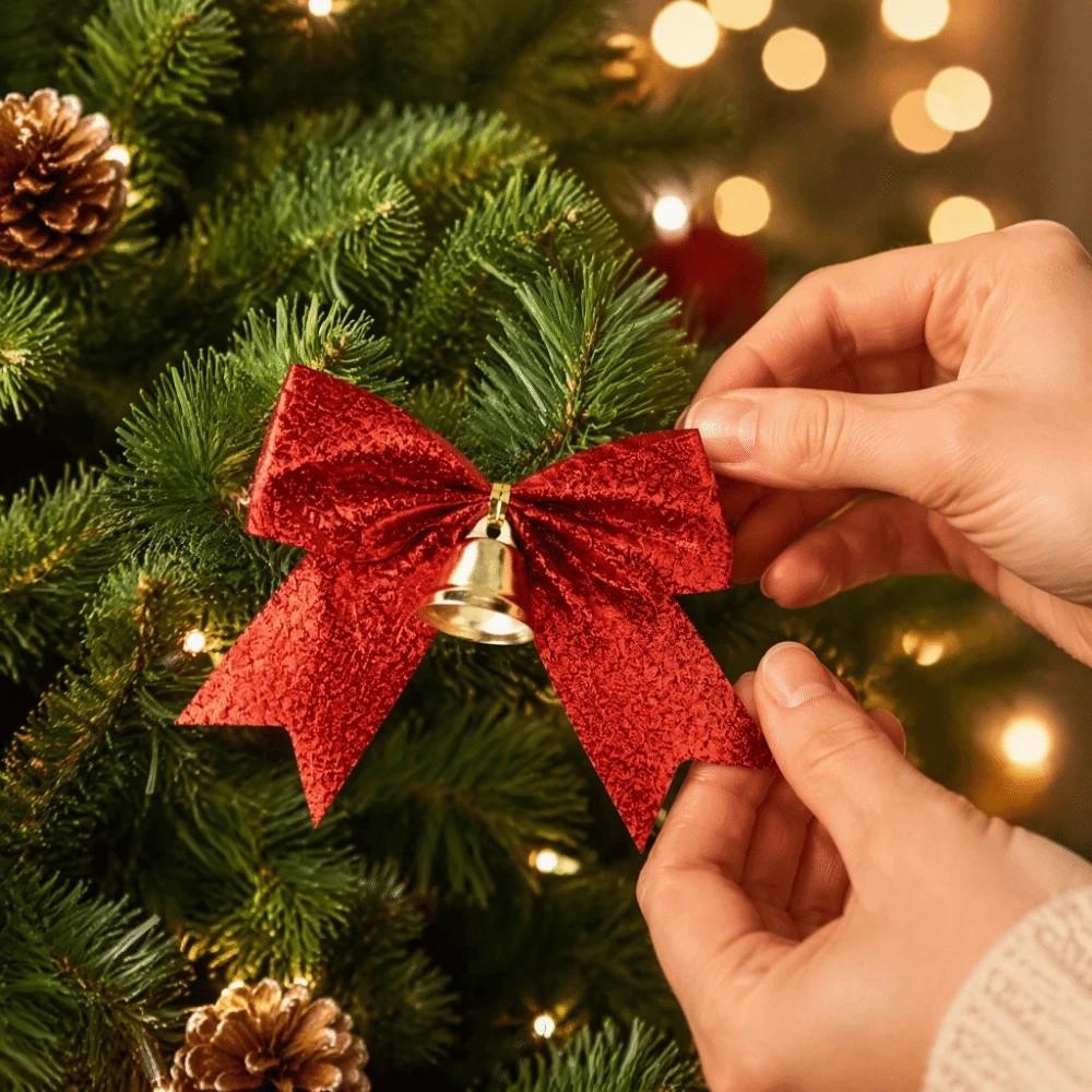Red Bow Pendant Glitter Christmas Tree Ornament Party Christmas Bow with Bell Home Decor