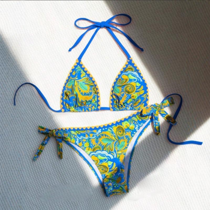 Vibrant Tropical Print Triangle Bikini with Side Tie Bottoms