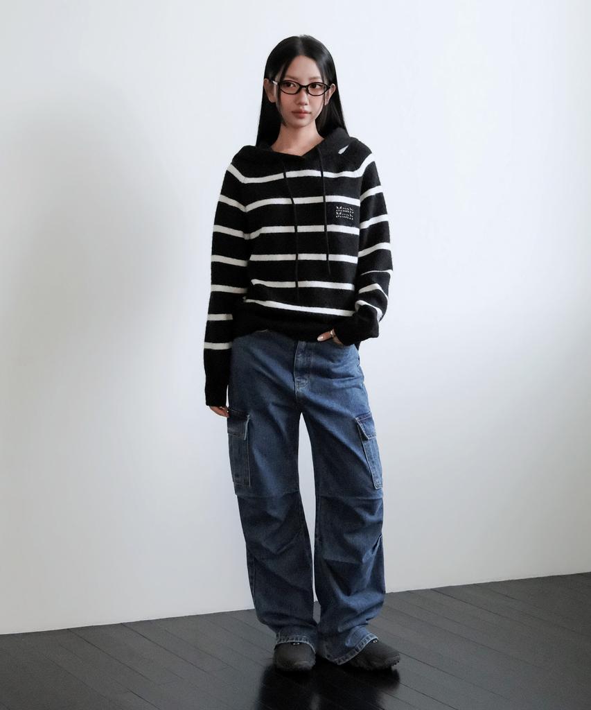 MUAHMUAH Striped Wool Brushed Hoodie Knit [Black]