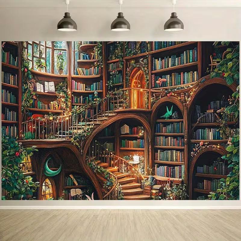 

2D Fantasy Forest Library Tapestry, Retro Bookshelf Background Cloth 47.2x31.5inch/120*80cm