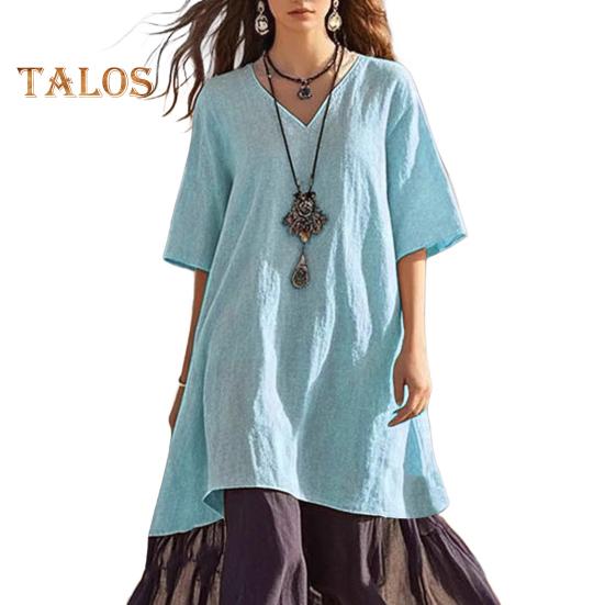 Women's Boho Patchwork Loose Dress Casual V-Neck Short Sleeve Swing Dress Summer Beach Vacation Sundress