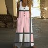 Women's Fashion Casual Button-down Sleeved Jumpsuit Retro Color Block Stitching Printed Cotton Pocket Jumpsuit