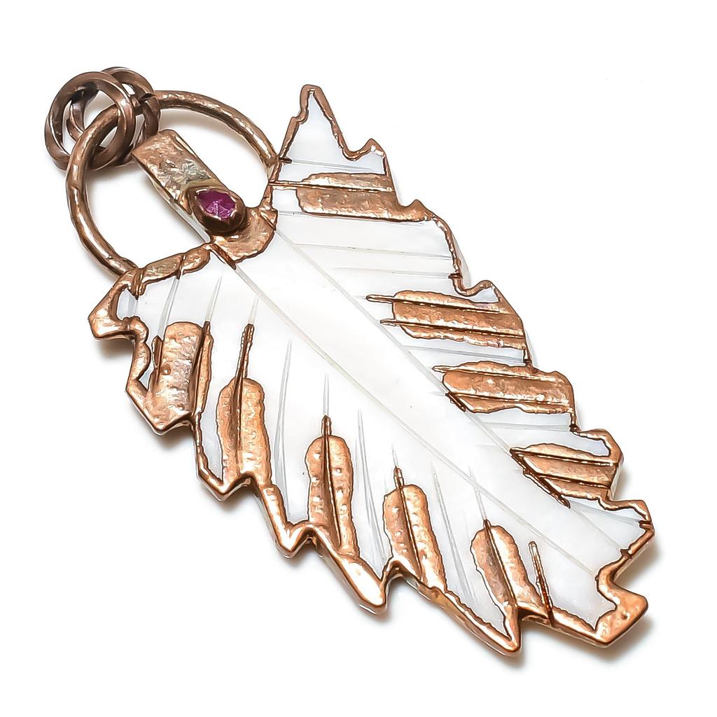 Carved White Coral & Ruby Jewelry, Copper Electroformed Pendant Handmade Gemstone Jewelry, Gifts For Wife Brand New Pendant