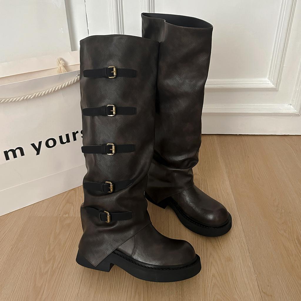 Maillard but knee boots women's 2025 new autumn retro stacking pants tube boots thick heel tall knight boots