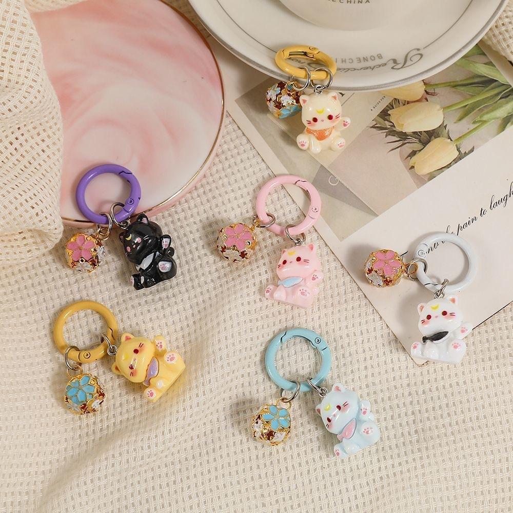 Cute Cat Cartoon Resin Animal with Bell Girls Women Bag Purse Charm Couple Key Chains Gift Accessories Bag Charm