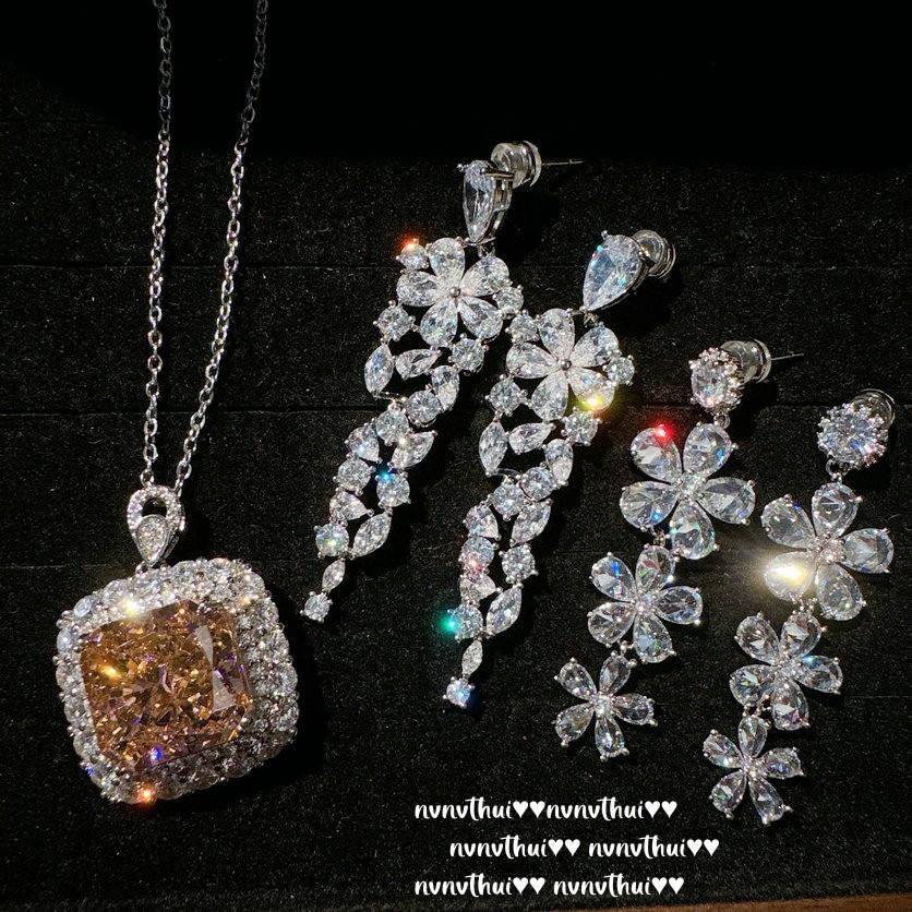 Papalacha Cinnamon Large Carat Gemstone Necklace, Princess On The Run, 18K Gold Plated, Water Drop Flower Zircon Earrings
