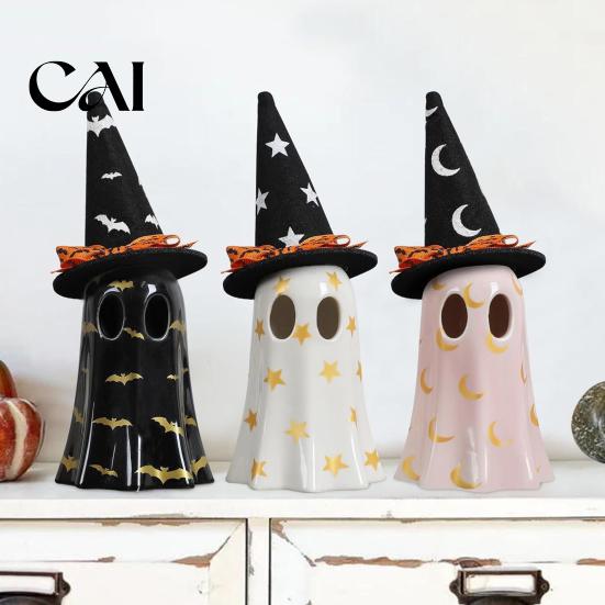 Gifts for Halloween Light Up Ghost Decoration, Cute Spooky Witch Hat Figurine, Glowing Ornaments Resin LED Lighted Statue Mantel, Shelf, Indoor