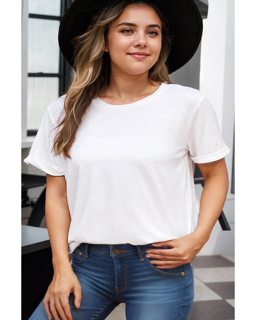 Azura Exchange White Round Neck Rolled Sleeve Plus Size T-shirt