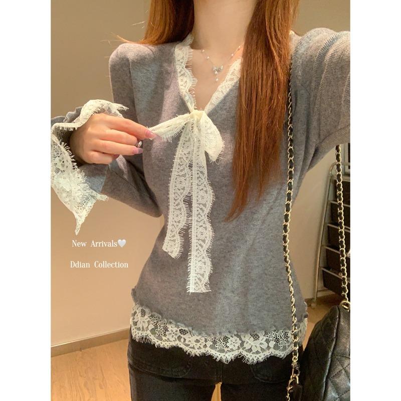 V-neck gentle lace knitted sweater spring pure desire slim-fit backing sweater bow inside top