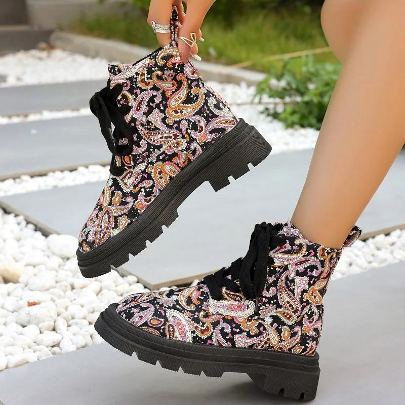 Ethnic Style New Platform Mid Heel Ankle Boot Women Round Toe Printed Lace-up Non-slip Thick Sole Motorcycle Boots Gothic Shoes