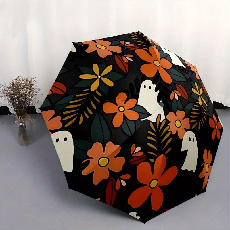 1pc Ghost Floral Automatic Open/close Folding Compact Umbrella, 8-Rib Sturdy Canopy, Lightweight Portable, Everyday Use, Gift, Outdoor Umbrella, Trave