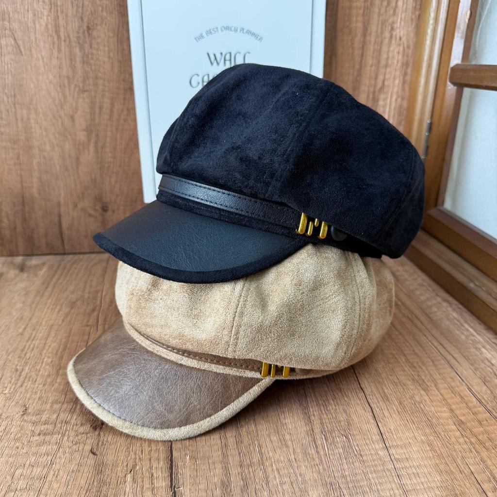 French Vintage Suede Splicing Leather Brim Newsboy Octagonal Ladies Brimmed Beret Internet celebrity Fall/Winter