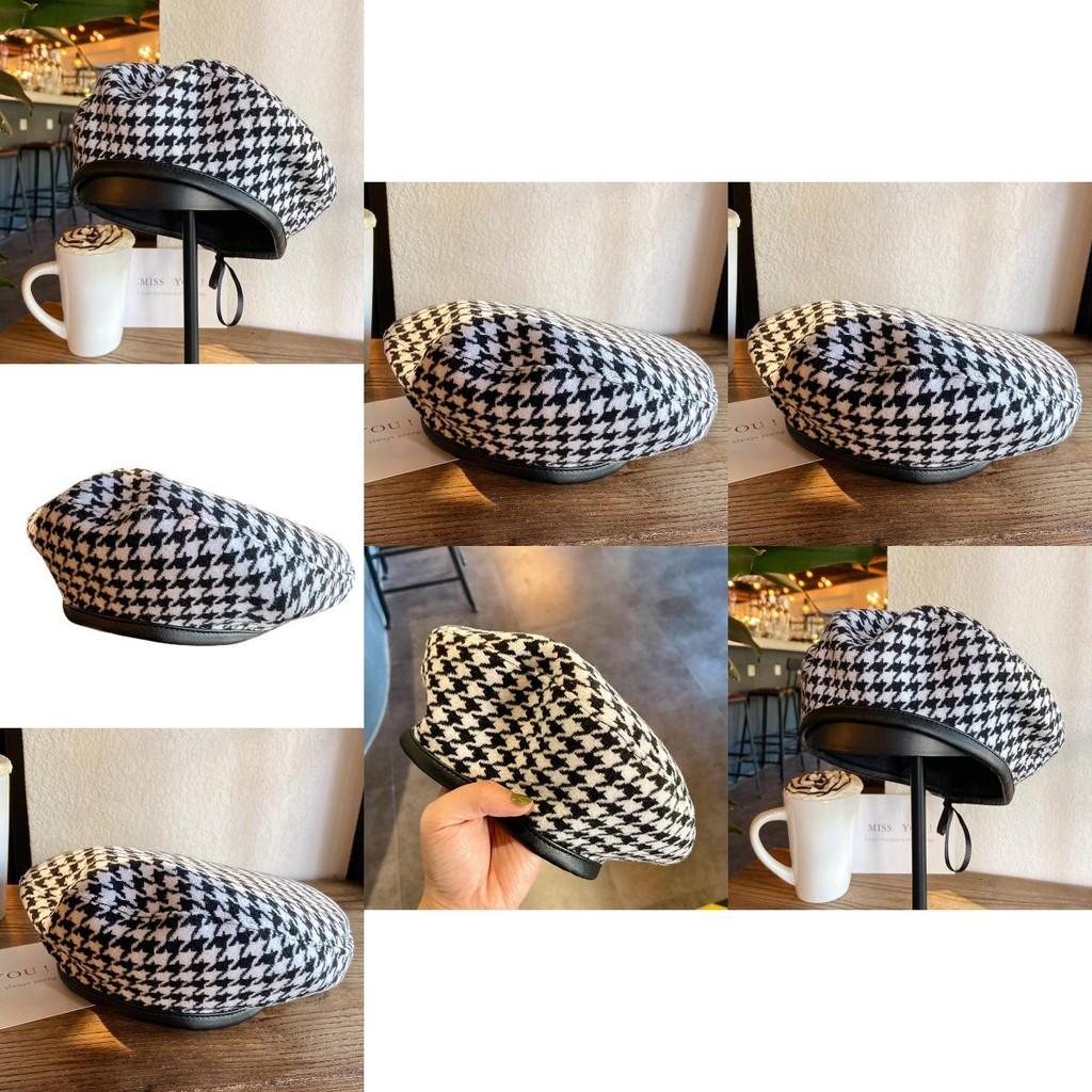 Elegant Flat Top Houndstooth Beret Women's Retro Summer Hat In Black