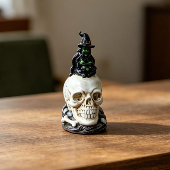 Halloween Totenkopf Statue, Gruselige Harz Hexe Totenkopf Figur, Gotische Skelett Skulptur für Regal, Schreibtisch, Zuhause, Büro Dekoration