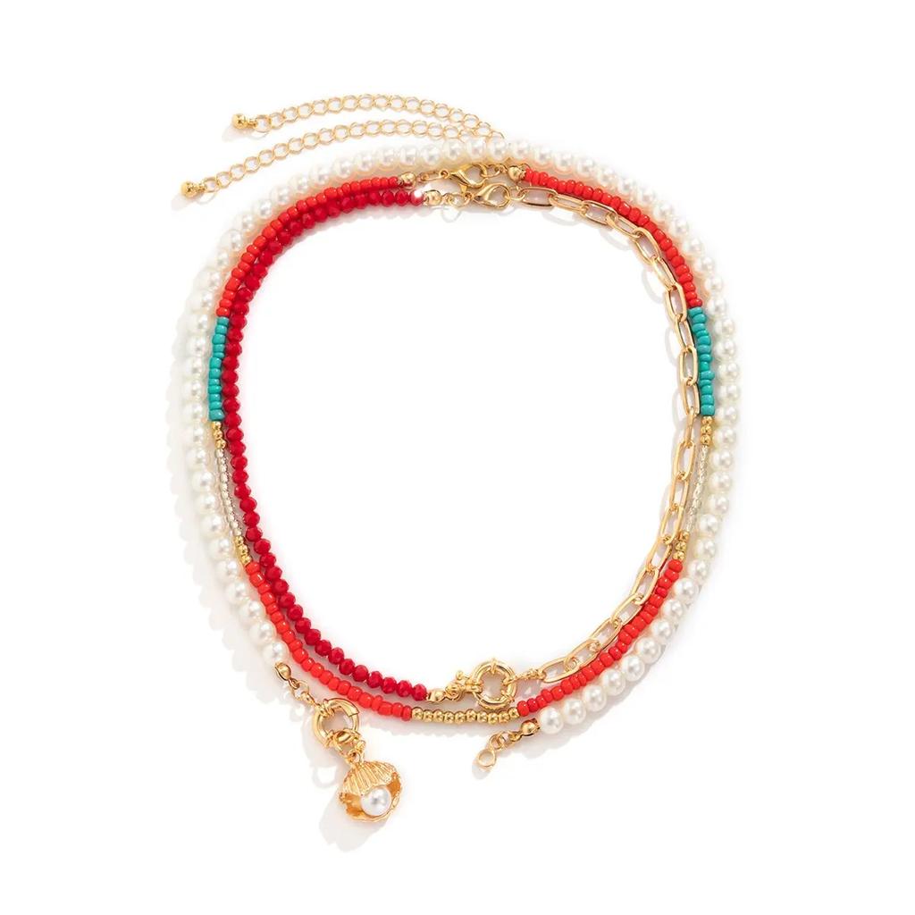 Boho Imitation-Pearl Colorful Seed Bead Chain Necklace for Women Summer Scallop OT Buckle Pendant Choker Jewelry Y2K Accessories