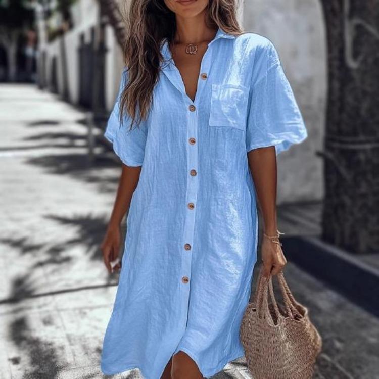 Casual Commuter Style Women Shirt Lapel Short Sleeve Loose Fit Solid Color Buttons Placket Work Shirt