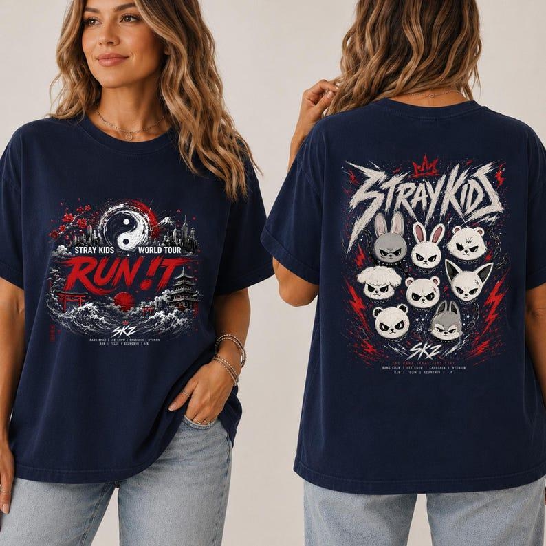 2026 Hot Sale Stray Kids Run It 2026-2027 World Tour T-shirt Vintage Washed Graphic T-shirt Harajuku Hip Hop Punk T-shirt Loose Cozy and Versatile