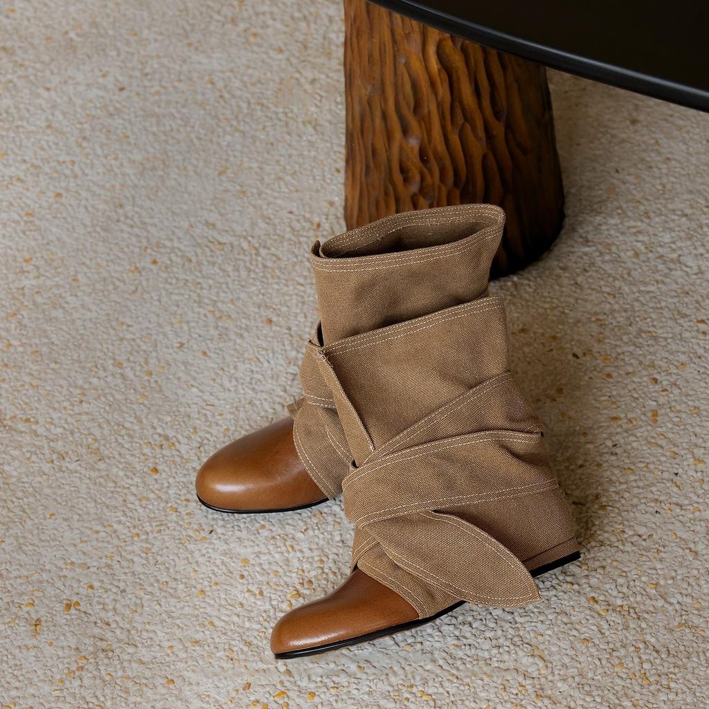 Large size retro western cowboy boots autumn and winter round head strap bow medium boots slim short boots