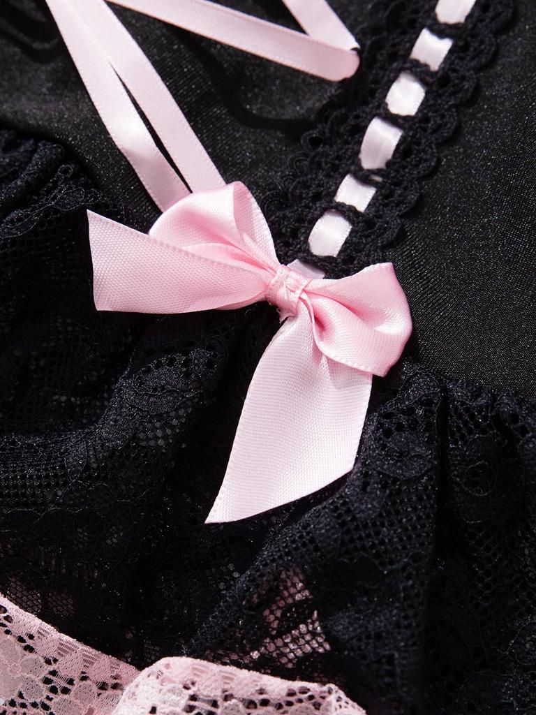Foshan Lace Bow See-through Lingerie & Garter Skirt Set