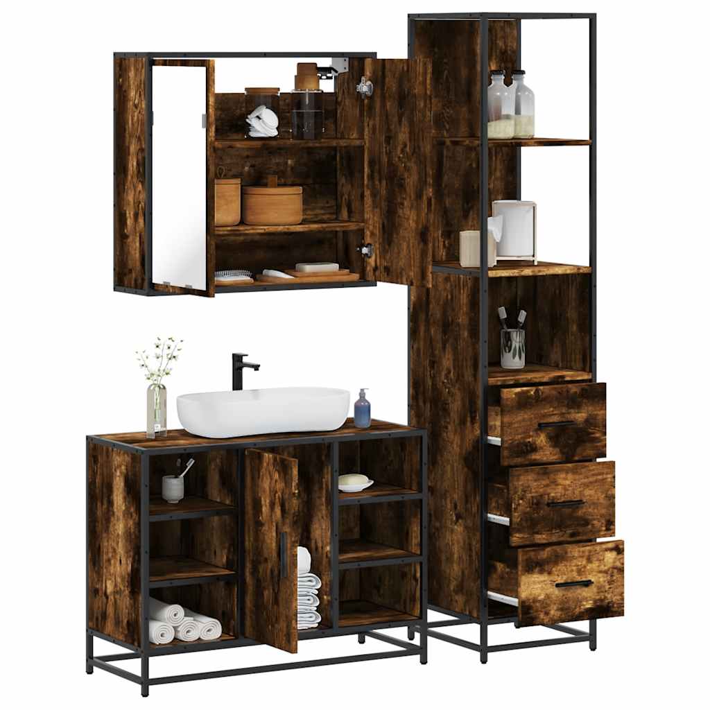 3 Piece Bathroom Furniture Set Smoked Oak Wood Based Material